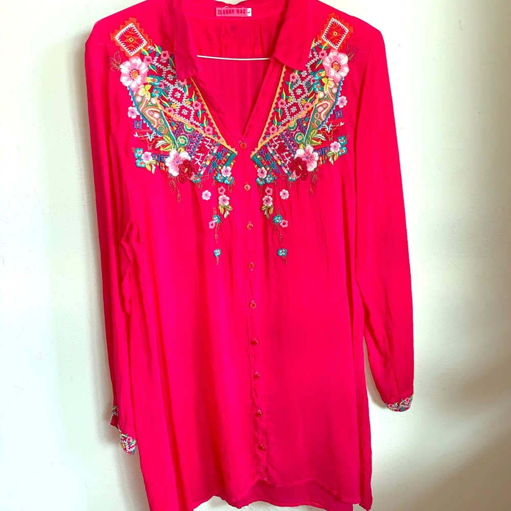 Johnny Was Red Embroidered  Long Tunic - Dress?EUC